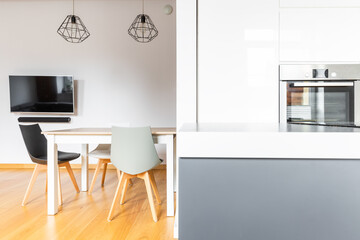 Horizontal view of kitchen and table