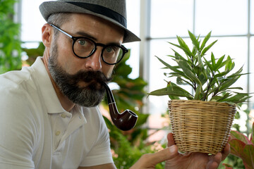 Caucasian senior retired man wearing hat looking at green plant in pot in his garden. 