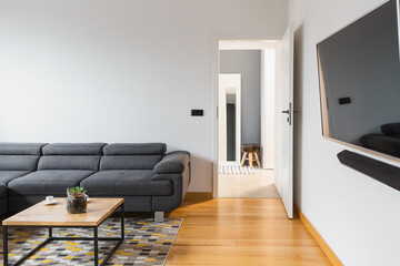 Grey sofa in simple living room