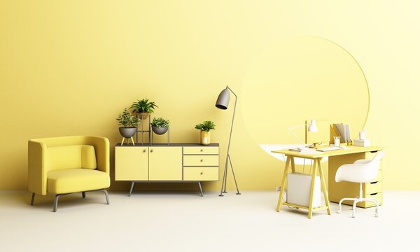 Working desk and chair Office with plant and living furniture set concept work at home with Window porthole in yellow and gray colour 2021 trend
3d rendering 