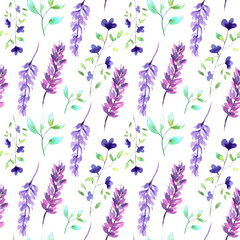 Fototapeta na wymiar Watercolor illustration. Seamless pattern on a white background from light plants, green twigs, berries. Seamless pattern for print, background, fabric, etc.