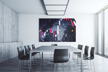 Abstract creative financial graph and world map on tv display in a modern presentation room, financial and trading concept. 3D Rendering