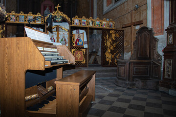 Interior of Roman Catholic Church of Nativity of the Blessed Virgin Mary in Komarno, Lviv region,...