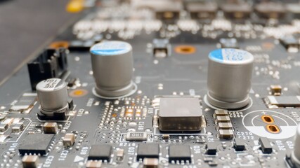 Motherboard close up photo with transistors