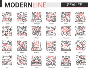 Sealife outline mini concept symbols. Red black thin line infographic design east restaurant sea life modern thin line icons set.