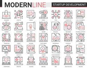 Business startup development technology complex red black line vector icons set. Outline successful business strategy for starting new project symbols with developing innovation idea research.