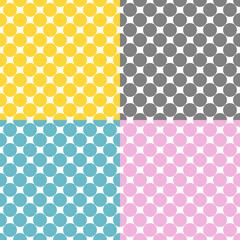 A set of seamless pattern design of polka dots in various colors.