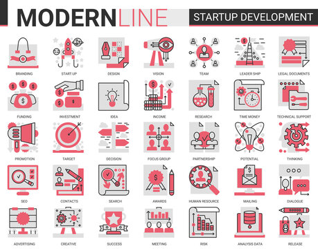 Business Startup Development Technology Complex Red Black Flat Line Icon Vector Illustration Set. Successful Business Strategy For Starting New Project Symbols Developing Innovation Idea Research