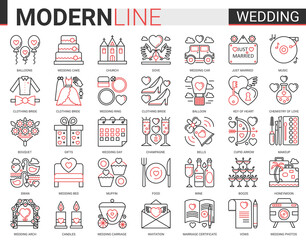 Wedding complex red black line icon vector illustration set. Outline symbols wedding ceremony and bridal party organization, linear collection of bride clothes, jewelry rings, cake balloon flowers