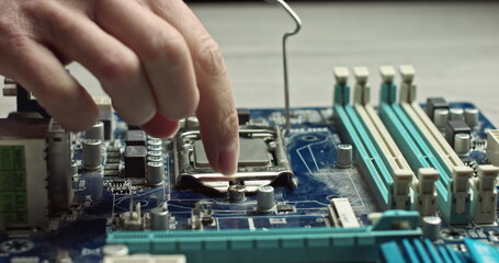 the dolly video of the CPU socket of the computer's motherboard. the concept of computer, motherboard, hardware and technology.