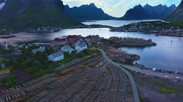Aerial View of Reine Village Norway and Mountains in MId-Summer, Panning Shot