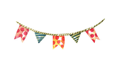 Watercolor bright pennant.  Celebrating hanging triangle. Birthday or Christmas decoration