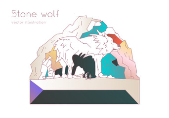Polygonal wolf in hill, rock. Vector animal illustration in low poly style. Stone wolf for poster, banner, website. Isolated drawing geometric dog in abstract wireframe style. Mountain timberwolf.