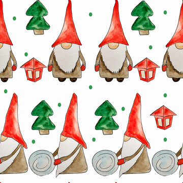 Christmas seamless pattern with funny gnomes for wrapping paper, tablecloth, design on white.