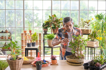 Happy senior asian retired man  is relaxing  and enjoying  leisure activity in garden at home.