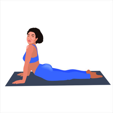 Beautiful sporty black woman practices yoga asana bhujangasana - cobra pose. Woman workout fitness, aerobic and exercises. Healthy lifestyle concept. 