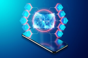 Hologram interface of a smart home in a smartphone on a blue background. Automation concept, modern house, new technologies. 3D rendering, 3D illustration.