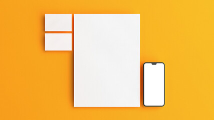 Stationery branding mockup on a yellow background to insert your design. Flat lay style.