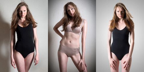 Three swimwear portraits of an attractive model with perfect body in front of gray studio background