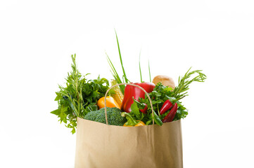 Raw vegetables and fruits in cotton bag