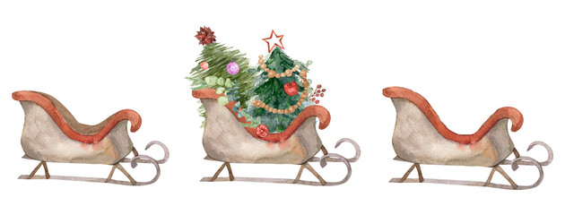 Merry Christmas sleigh. Sled and Christmas tree illustration. Isolated watercolor object on white background - 399104539