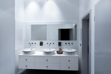 Comfortable white bathtub and sink standing in modern bathroom with white walls and concrete floor.
Interior with spectacular oval bath. 