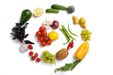 Vegetables and fruits swirl, white background