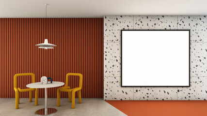 Waiting room area design modern minimal,Right side frame mock up on granite stone wall-3D render