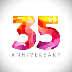 35 th anniversary numbers. 35 years old logotype. Bright congrats. Isolated abstract graphic web design template. Creative 3, 5 3D digits. Up to 35% percent off discount idea. Congratulation concept.