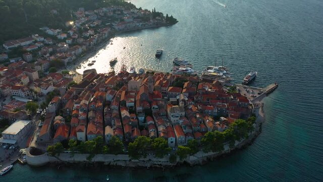 Beautiful Korcula town, Korcula island Croatia, aerial view