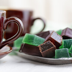 Candy fruit jellies, close up. marmalade candies on a bright table.