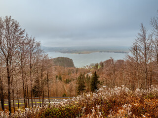 Kochelsee lake view during a cloudy day with sunrise light
