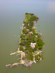 Vertical aerial view of the island of the scorpions in Lake Chapala
