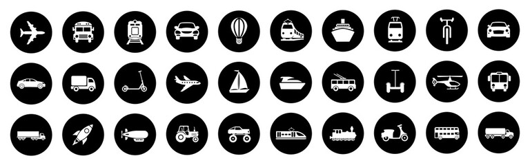 Transport, vehicle and delivery icons button set. Flat shipping delivery symbols in black circles – stock vector