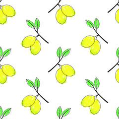 Fresh lemons background. Hand drawn overlapping backdrop. Colorful wallpaper vector. Seamless pattern with citrus fruits. Decorative illustration, good for printing, menu, cartoons, cards, posters.
