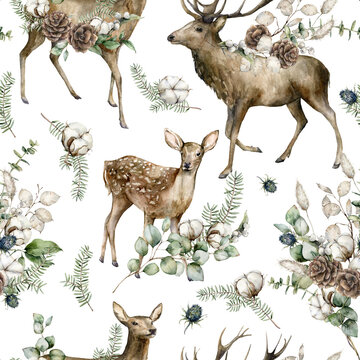 Watercolor Christmas seamless pattern of deers, eucalyptus, fir branches, blue Thistle and cotton. Hand painted holiday illustration isolated on white background. For design, print or background.