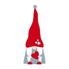 Vector cute Nordic Gnome woman with heart for Valentines day isolated on white background. Gnome in red hat holding heart in cartoon style. Gnome for Happy Valentines day card.