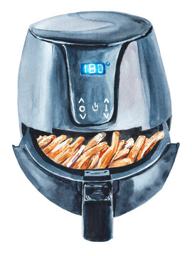 .Watercolor Illustration Black Air Fryer On Mode. French Fries Inside. Illustration On White Background