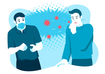 Man afraid of his friend sneezing in front of him without wearing mask