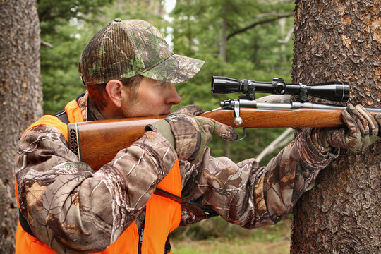 adult hunter aiming deer rifle in forest close-up