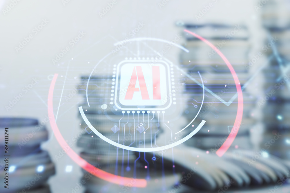 Aufkleber double exposure of creative artificial intelligence abbreviation hologram on growing coins stacks ba