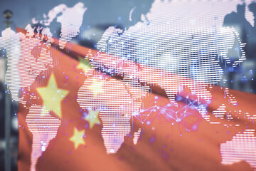 Double exposure of abstract digital world map on flag of China and blurry skyscrapers background, research and strategy concept