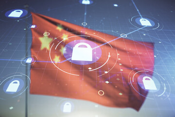 Virtual creative lock illustration with microcircuit on Chinese flag and blue sky background, cyber...
