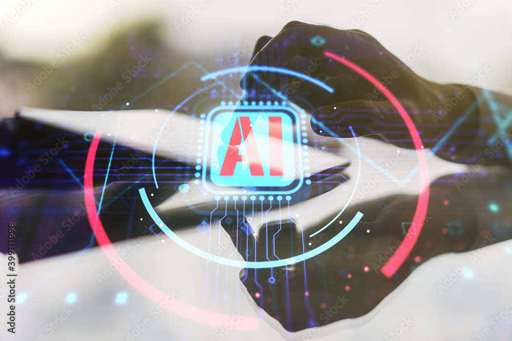 Aufkleber Double exposure of creative artificial Intelligence abbreviation and hand working with a digital tablet on background. Future technology and AI concept