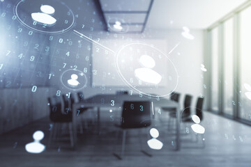 Double exposure of abstract virtual social network icons on a modern meeting room background. Marketing and promotion concept