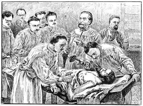 Professor Ernst von Bergmann in the operating room of the surgical clinic in Berlin. Illustration of the 19th century. Germany. White background.