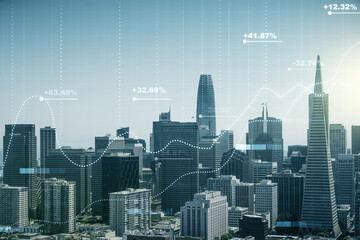 Abstract virtual stats data hologram on San Francisco skyline background. Multiexposure
