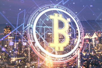 Virtual Bitcoin hologram on San Francisco skyline background. Multiexposure