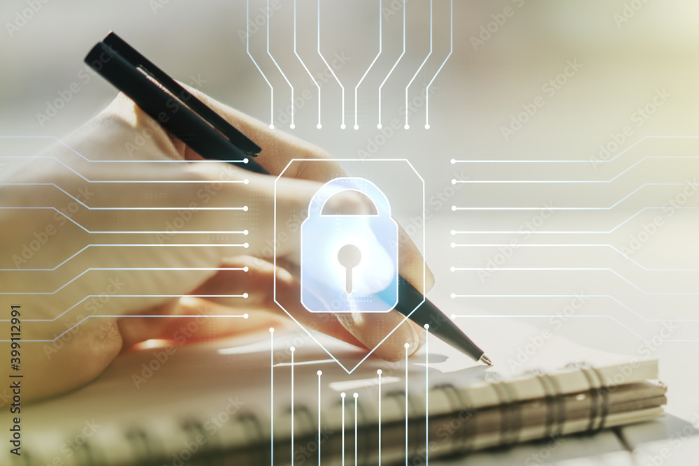 Poster creative idea concept with lock symbol and microcircuit illustration and with woman hand writing in 