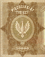 Orzeł Polski - Polska Krajowa Kasa Pożyczkowa - fragment banknotu 50 tysięcy marek polskich z datą 10 października 1922									
